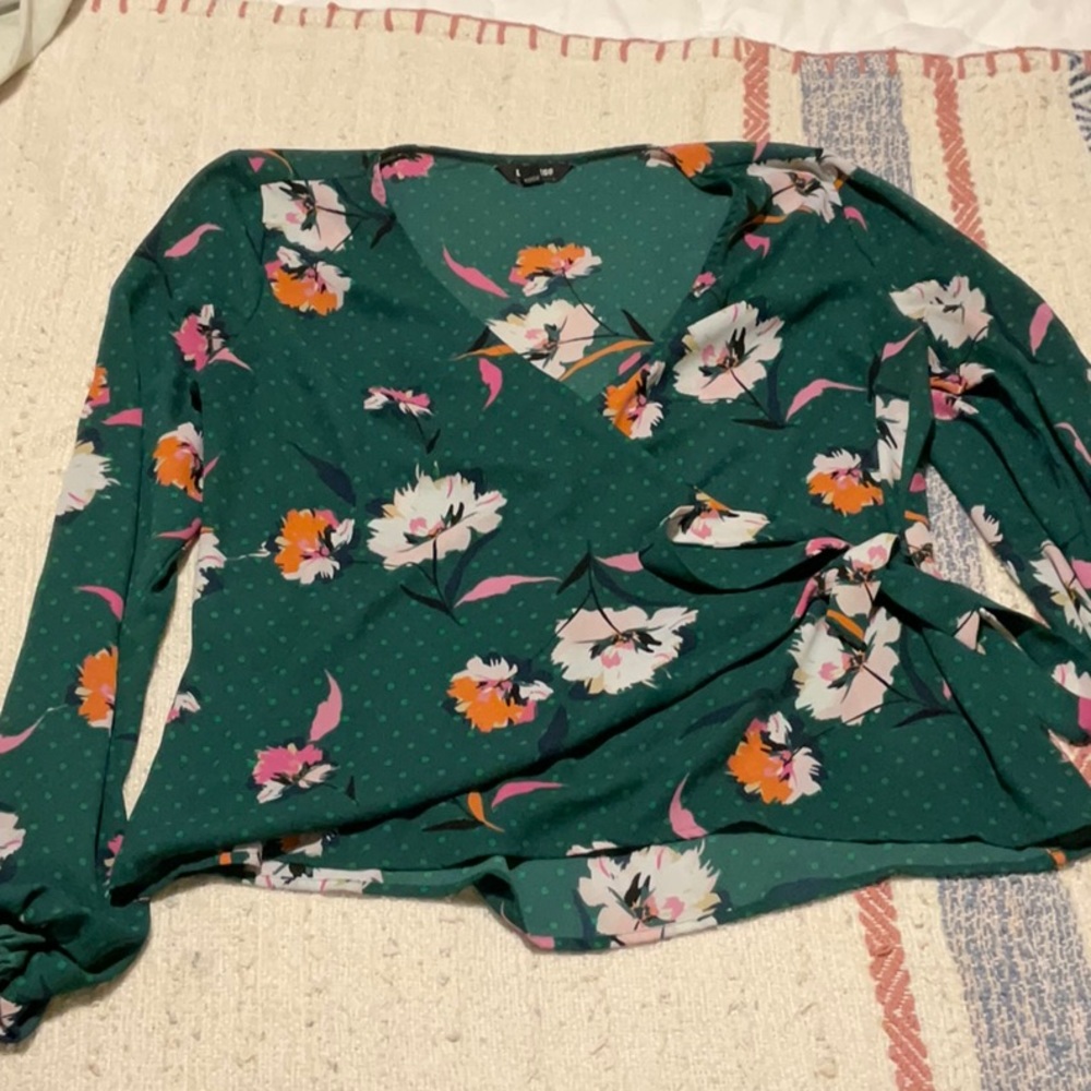 Express Green Floral Wrap Top